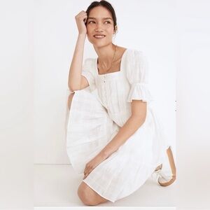 Madewell Puff Sleeve Cotton White Ruffled Short Sleeve Dress Medium